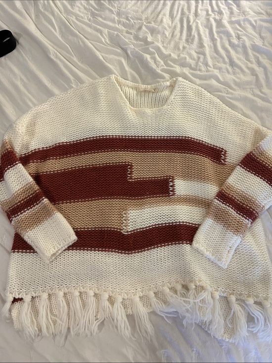 Kyemi Sweaters - Crochet Fringe Stripe Crewneck Sweater - Cream & Rust